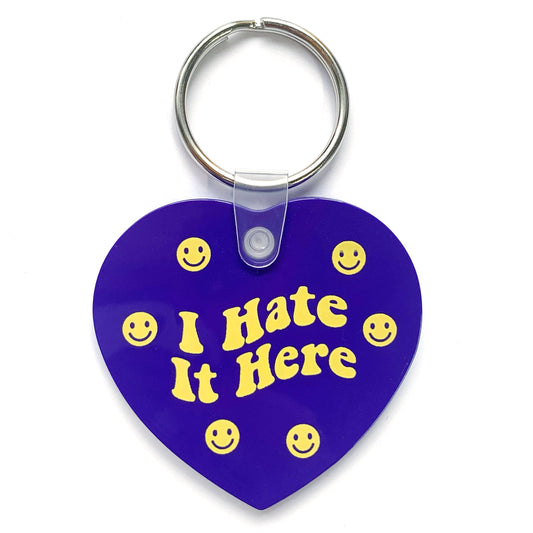 I Hate It Here Purple Happy Face Heart Shaped Vinyl Keychain