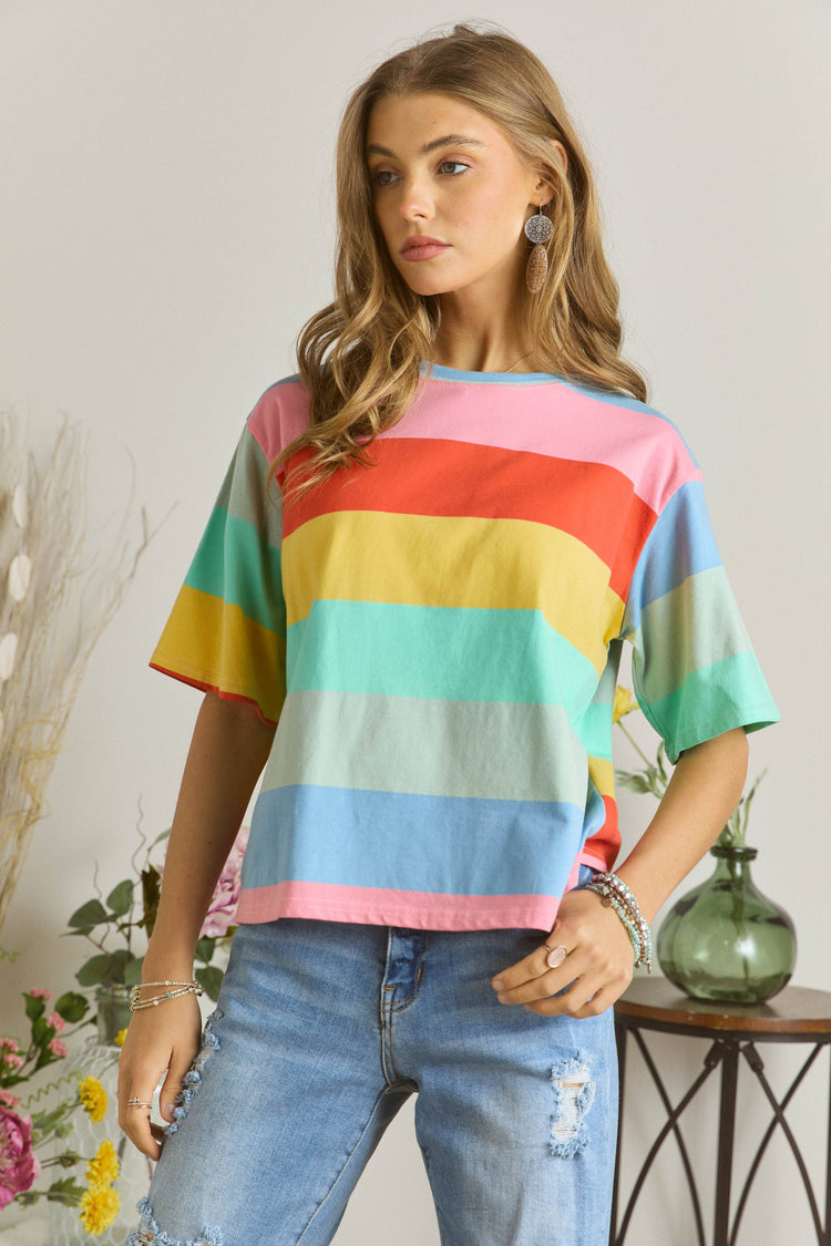 Bright Rainbow Stripe Short Sleeve Top