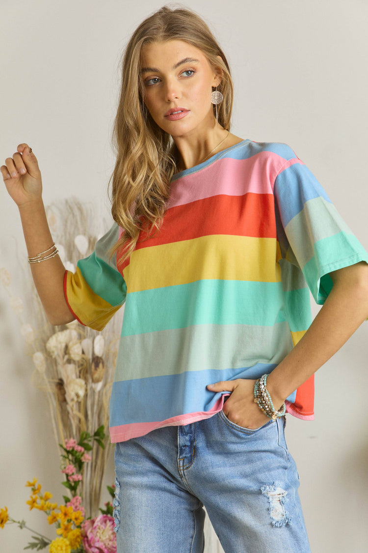 Bright Rainbow Stripe Short Sleeve Top