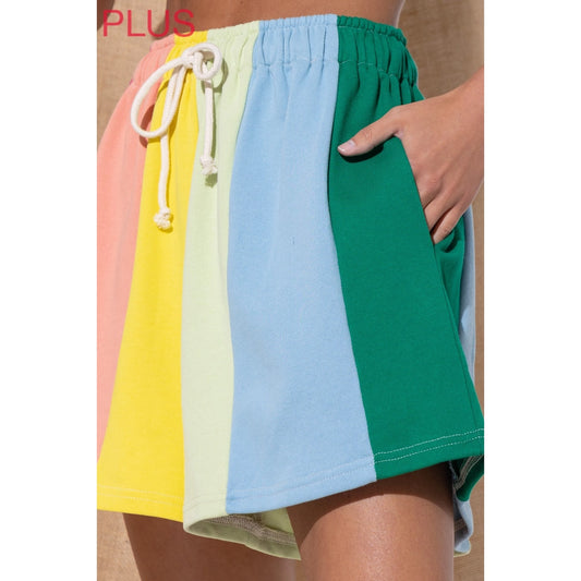 Green Combo Rainbow Colorblock Stripe Shorts