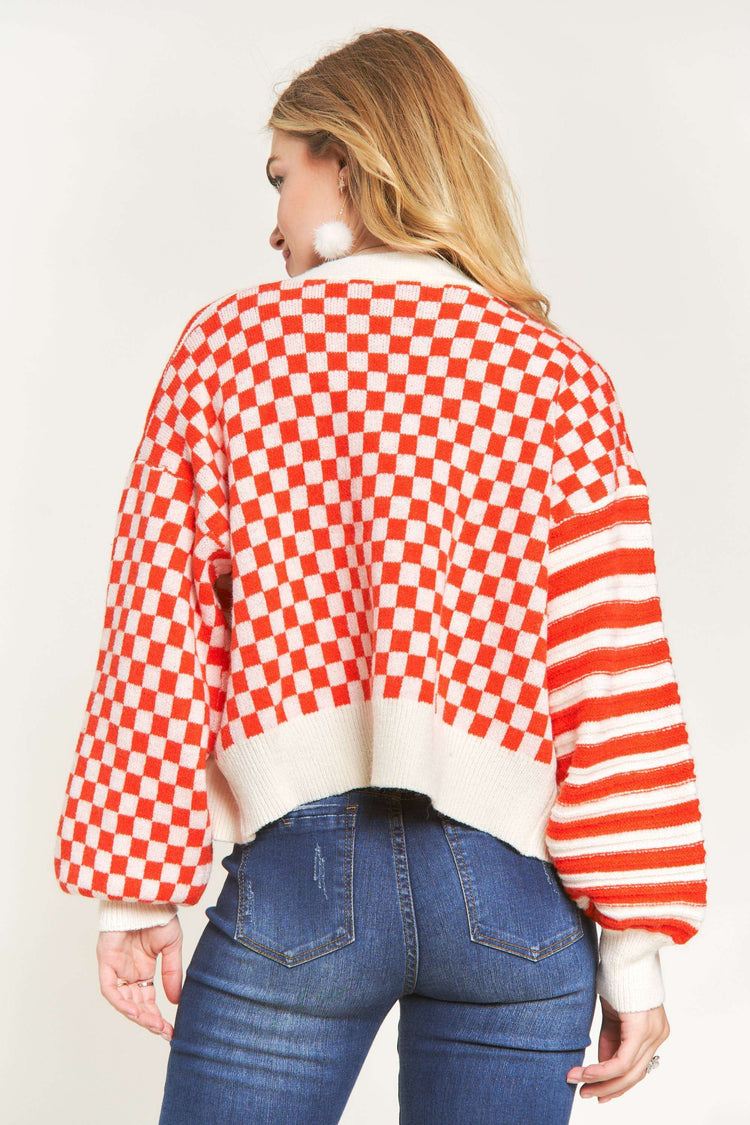 Tomato Red Checkerboard and Stripe Sweater Cardigan