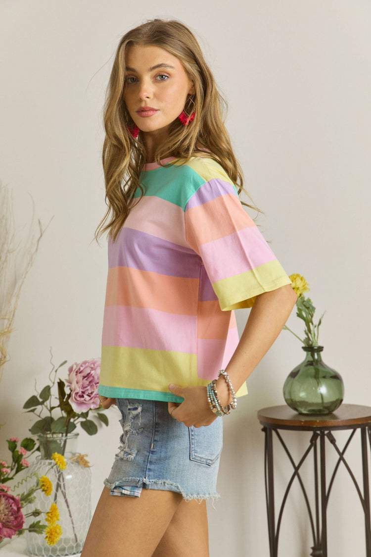 Pastel Rainbow Stripe Short Sleeve Top