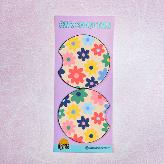 Colorful Flower Pattern Car Coasters, Set of 2