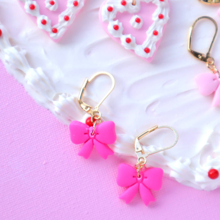 Pink Bow Lever Back Earrings