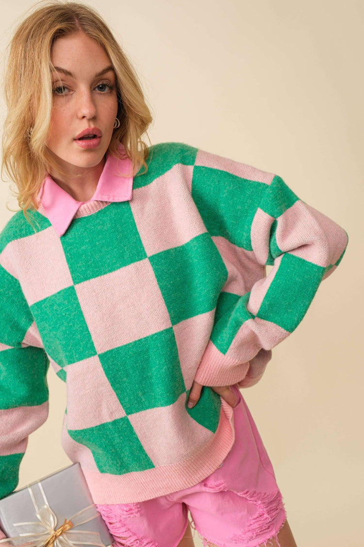 Pink/Green Checkerboard Sweater