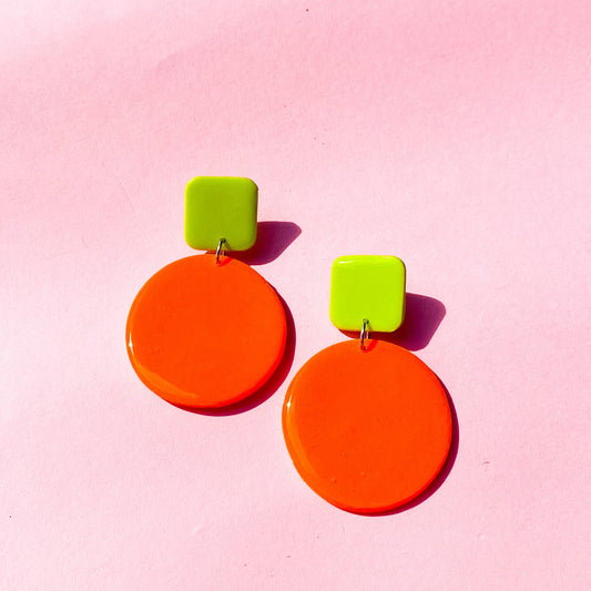 Lime Green and Orange Colour Block Polymer Clay Dangle Earrings