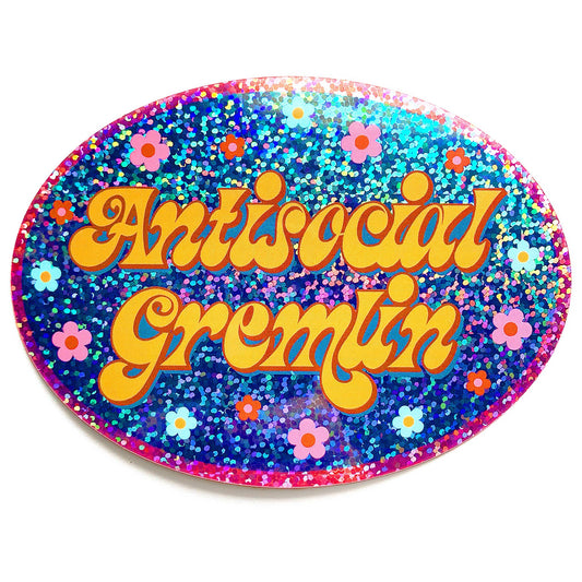 Antisocial Gremlin Retro Oval Holographic Glitter Bumper Sticker