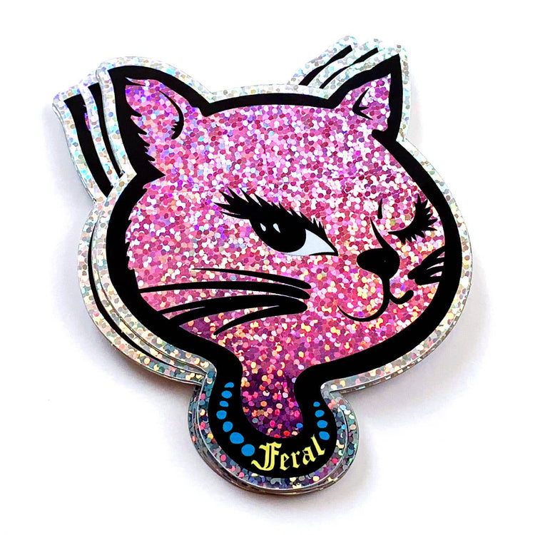 Feral 90s Winking Sassy Cat Holographic Glitter Sticker