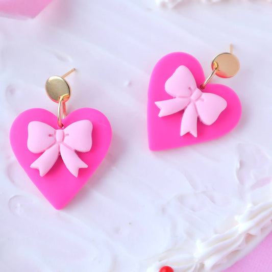 Pink Bow Heart Earrings
