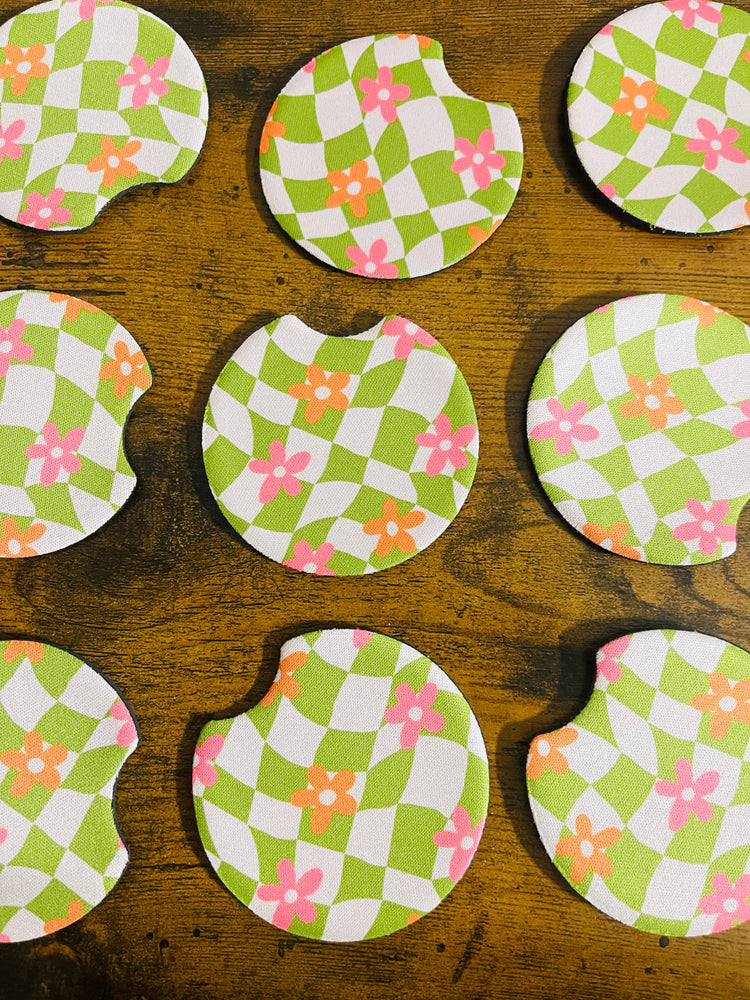 Groovy Green Check and Pink Daisy Car Coasters, Set of 2