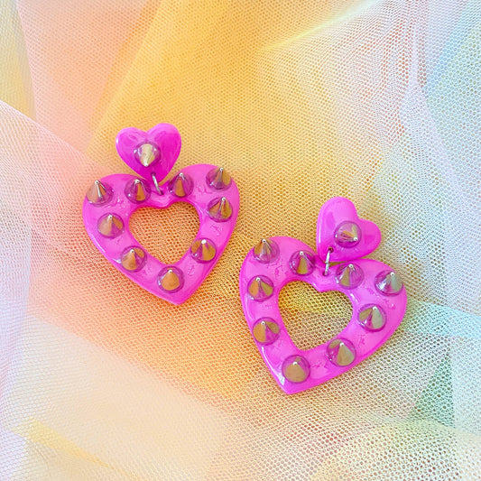 Hot Pink Studded Heart Polymer Clay Dangle Earrings