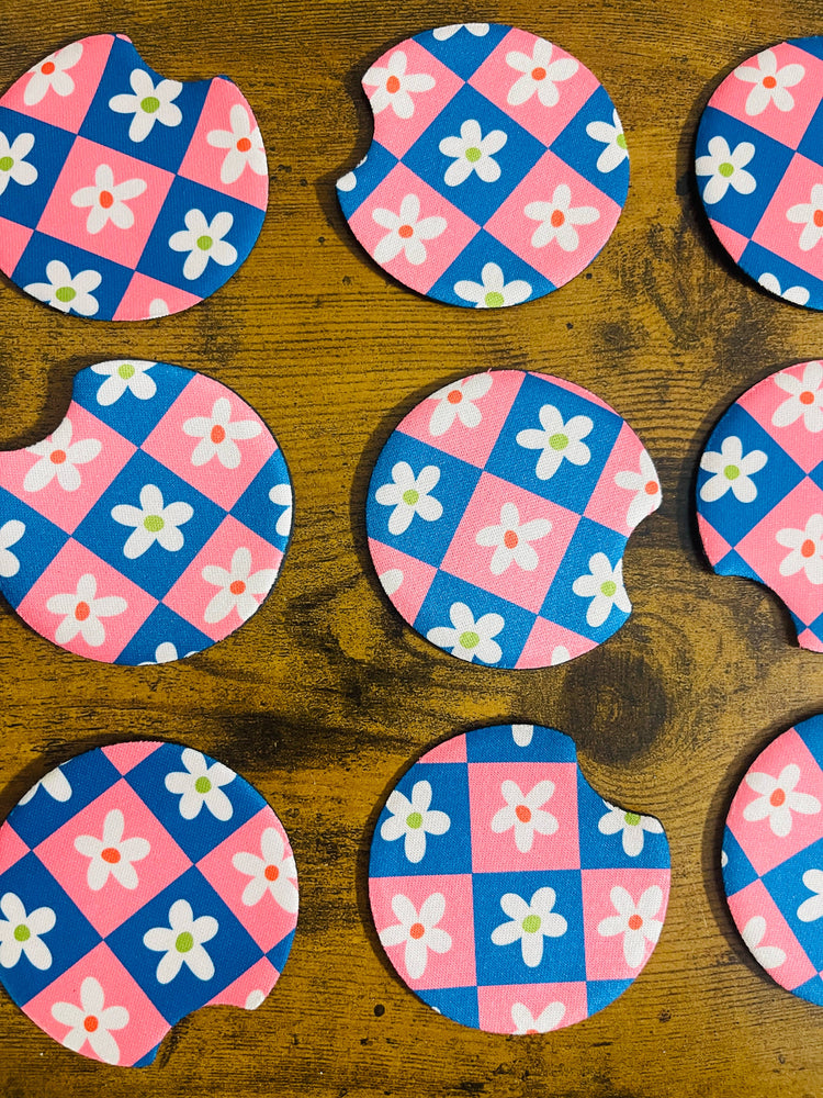 Pink and Blue Daisy Check Car Coasters, Set of 2