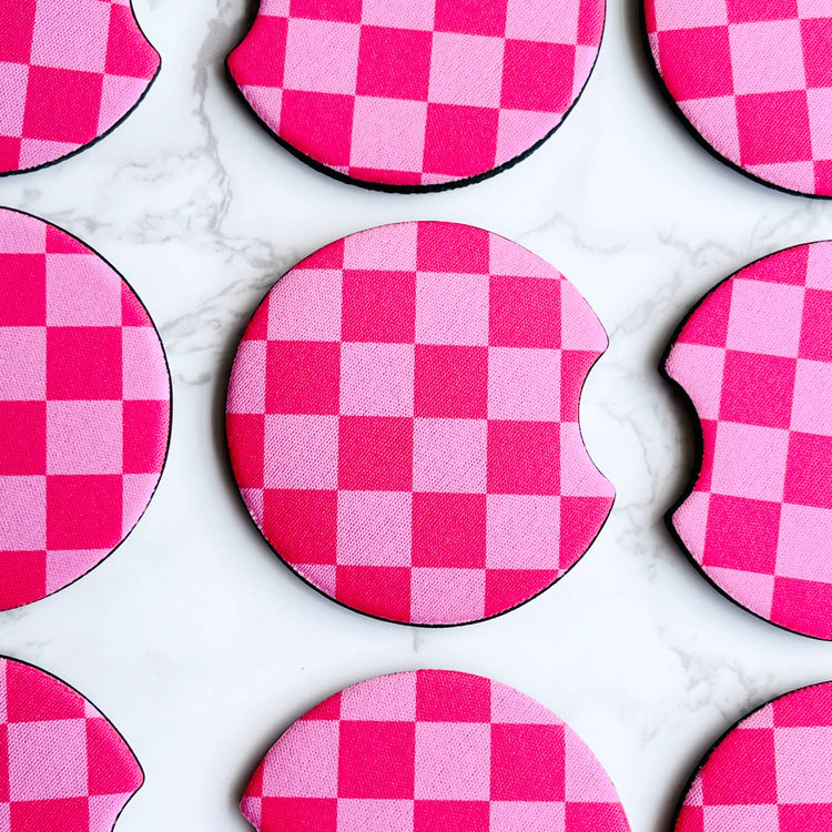 Pink Checkerboard Car Coasters, Set of 2