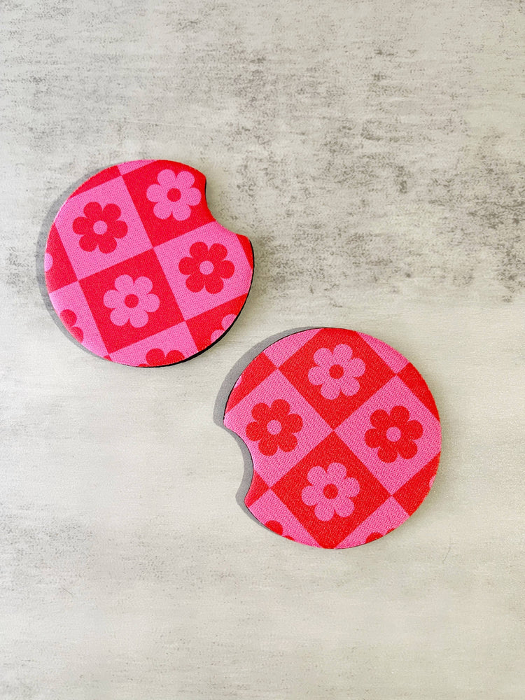 Pink Checkered Daisy Car Coasters, Set of 2